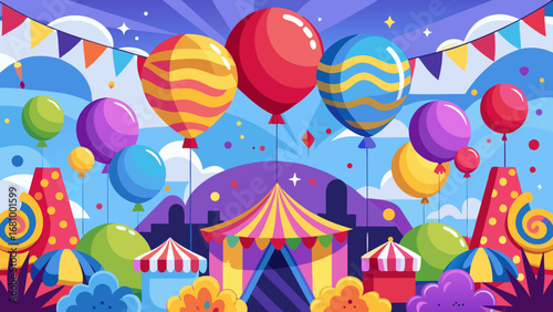 Vector art of colorful carnival illustration with balloons, tents, and festive decorations