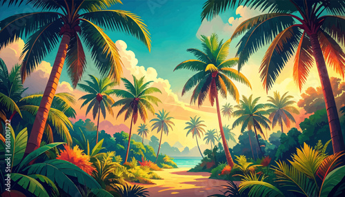 Lush jungle leading to the beach. Tropical beach with sunset glow. Sunset reflections on a tropical beach. Dreamy tropical sunset scenery. Bright tropical island at dawn