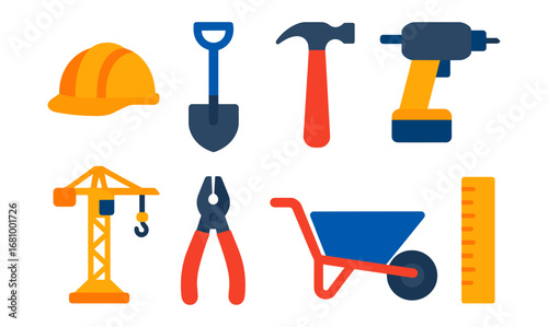 Construction tools set featuring hard hat, drill, and crane in flat design