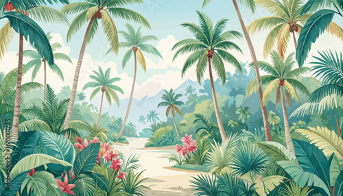Tropical beach landscape with palms. Peaceful tropical scenery with palms. Beautiful palm tree paradise view. Colorful palm forest with a sandy path. Exotic beach with tropical plants