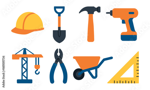 Flat construction tools set with hard hat, hammer, and drill in bold colors
