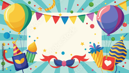Vector art of cartoon party background with balloons, confetti and gifts for birthday celebration