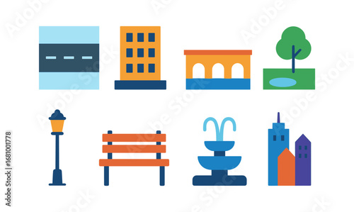 Colorful urban elements set including buildings, tree, bench, and street light in flat design