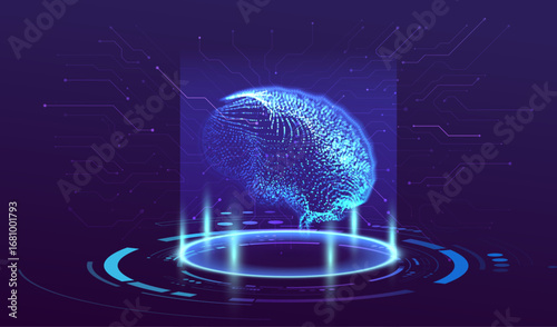 Ai brain technology background. Human mind on platform. Futuristic artificial intelligence design. Computer idea concept. Machine genius robot. Vector illustration.
