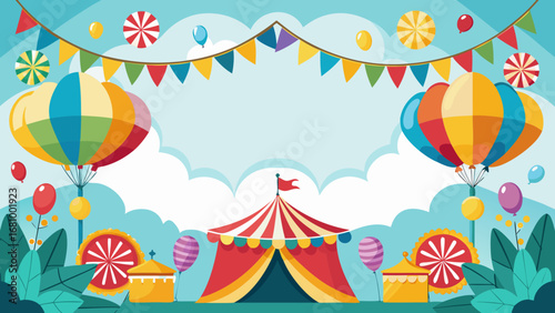 Vector art of colorful carnival background with tent, balloons, and bunting decoration