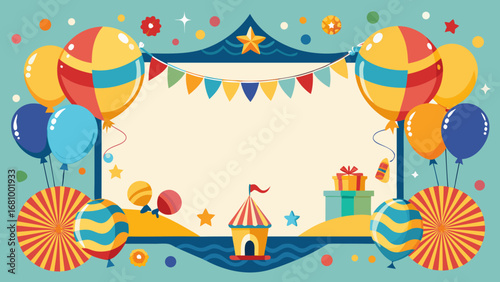 Vector art of festive carnival frame with tent, balloons, bunting, and gift box decoration