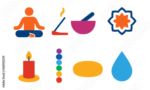 Minimalist yoga and meditation icons featuring chakra and relaxation symbols
