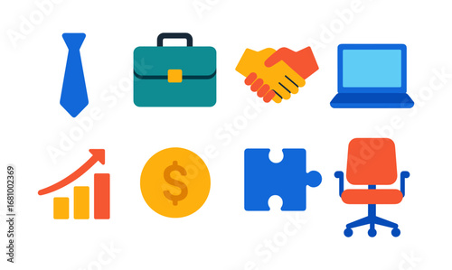Flat style business icons: laptop, tie, handshake, briefcase, chart, and more