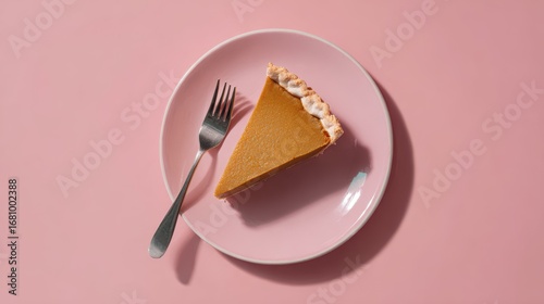 A delicious slice of pumpkin pie is served on a pink plate with a fork, perfect for the autumn season.