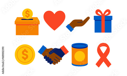 Donation and charity icons set with heart and gift symbols