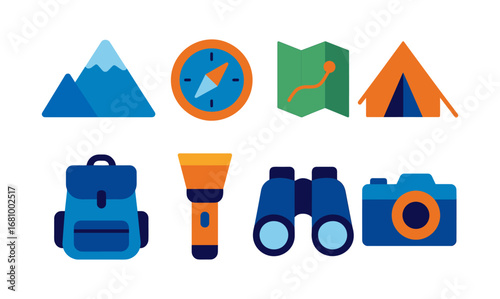 Essential camping gear icons set featuring mountains, compass, map, tent, backpack, flashlight, binoculars, and camera