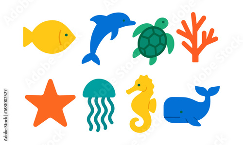 Colorful sea creatures: fish, dolphin, turtle, coral, starfish, jellyfish, seahorse, whale