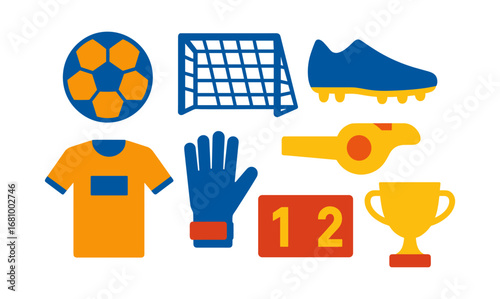 Colorful soccer elements set featuring equipment and symbols
