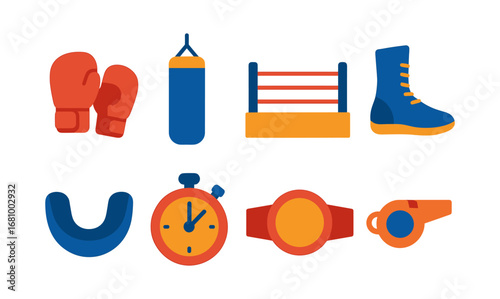 Colorful boxing equipment icons set: gloves, punching bag, boxing ring, timer, and gear