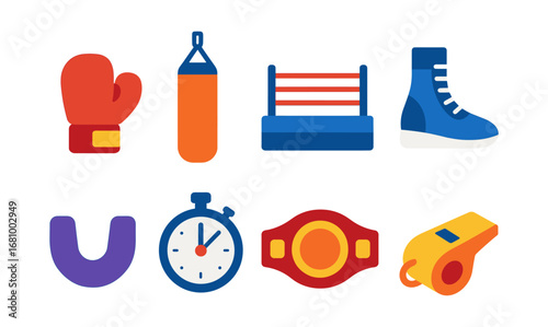 Colorful set of flat boxing icons featuring gloves, ring, and equipment
