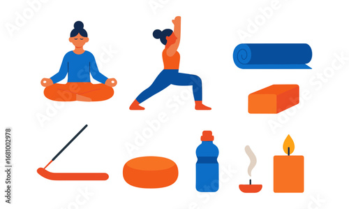 Mindful yoga and meditation elements in flat design with relaxation accessories