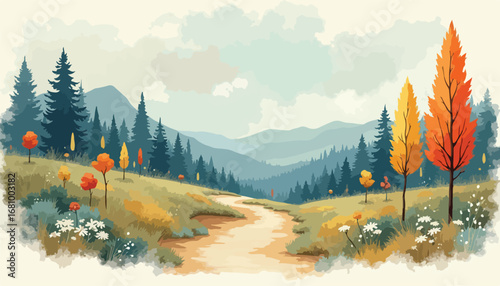 Serene autumnal landscape, winding path leads through golden meadow towards distant mountains.