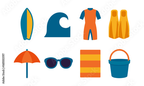 Beach essentials: surfboard, waves, snorkel gear, and more in modern flat design