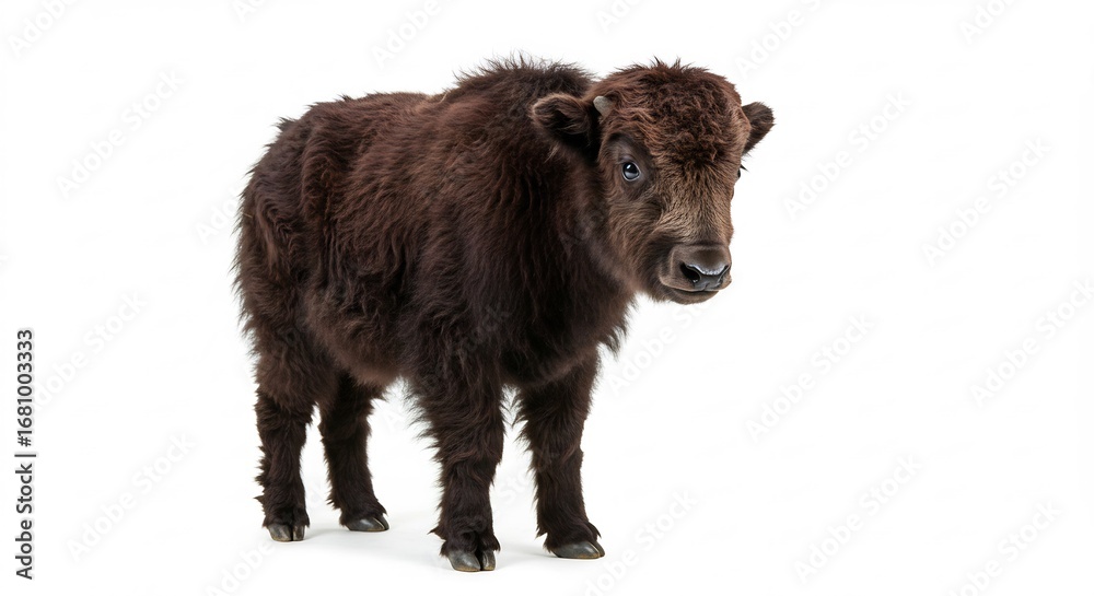 Fototapeta premium 輝く瞳 柔らかな毛並み 愛らしいヤクの子 白背景. AI Generated