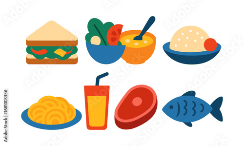 Colorful flat design of popular food and beverage items