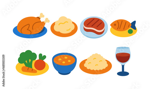 Colorful flat design holiday feast with traditional dishes and wine