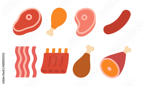 Assorted meat icons set: flat design concept of various meat cuts