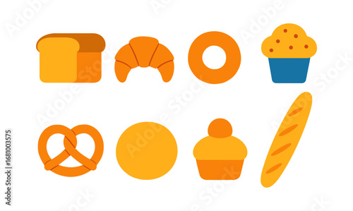 Colorful flat style icons of various baked goods for food designs