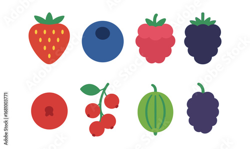 Flat style colorful berry collection with eight different fruits