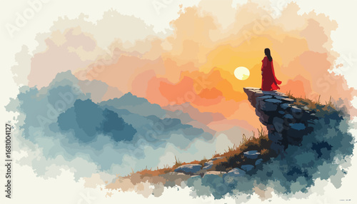 A woman in a red robe stands on a rocky cliff overlooking a mountain range at sunset, painted in a watercolor style.