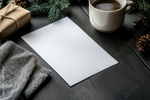 blank sheet of paper and coffee cup on the wooden table with cone and christmas gift