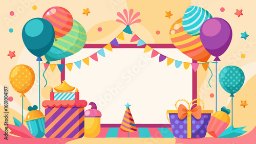 Vector art of colorful birthday party background with balloons, gifts, and decorations