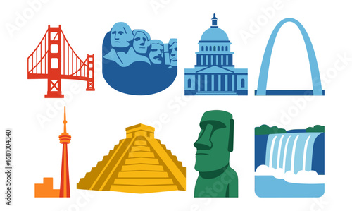 Iconic world landmarks: modern flat designs of famous historical structures