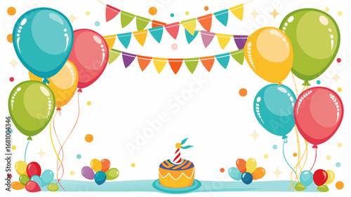 Vector art of birthday party background with balloons, cake and colorful flags