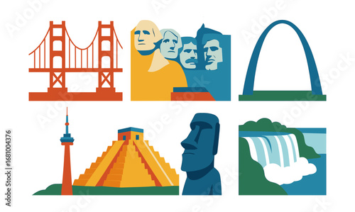 Colorful landmarks collection featuring iconic structures in flat design style
