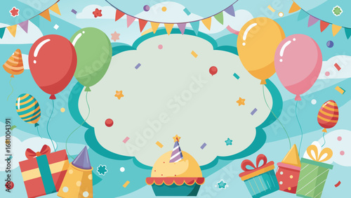 Vector art of birthday party background with balloons, gifts and cake