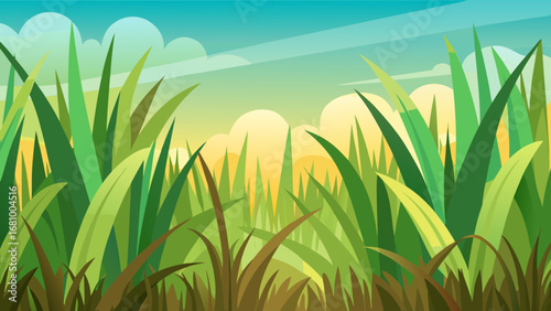 Vector art of vibrant green grass field illustration with a bright sky and sun