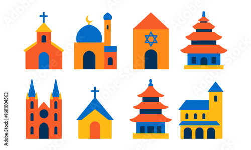 Colorful flat icons of diverse religious buildings for cultural design projects