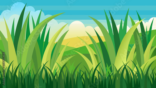Vector art of cartoon landscape with green grass, hills, and cloudy sky in the background
