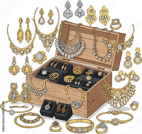 Crate need a kinds of different Gold Jewelry set victor art on white Background.