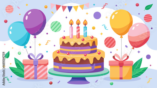 Vector art of birthday party with cake, balloons and gifts illustration for celebration