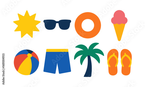 Colorful summer icons set featuring beach essentials and vacation symbols