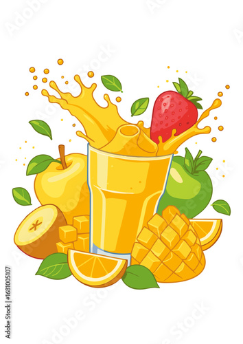 Fruit Juice Splash with Mango, Orange, Apple, and Strawberry