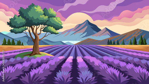 Vector art of scenic lavender field landscape with mountains, tree, and vibrant colors under a bright sky, capturing the essence of natures beauty
