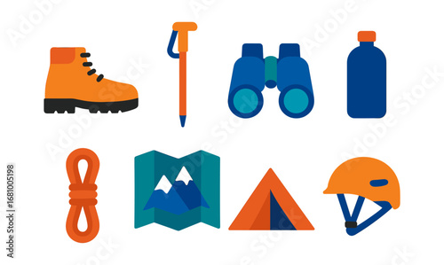 Colorful outdoor adventure icons: hiking, camping, and climbing gear collection
