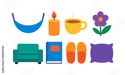 Cozy home essentials: relaxation and comfort symbols in a modern flat design
