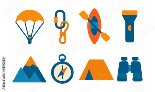 Colorful outdoor adventure icons set featuring camping and hiking equipment