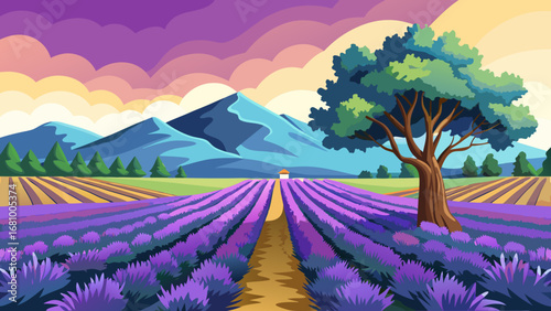 Vector art of a picturesque lavender field stretches towards distant mountains, framed by a solitary tree under a vibrant sky, evoking a sense of tranquility