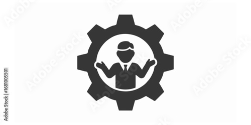 Business management and human resources icon with a person inside a gear symbolizing workflow optimization and leadership