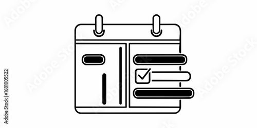 Minimalist black and white vector illustration of a calendar or agenda, symbolizing time management, event planning, and productivity