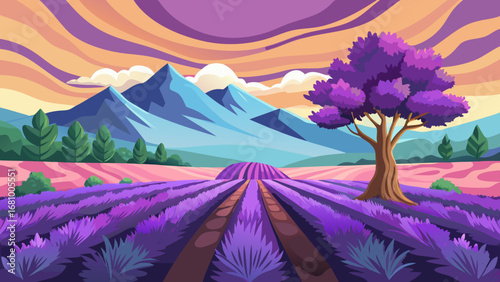 Vector art of a vibrant lavender field stretches towards the mountains, with a tree in full bloom, creating a captivating and colorful natural vista